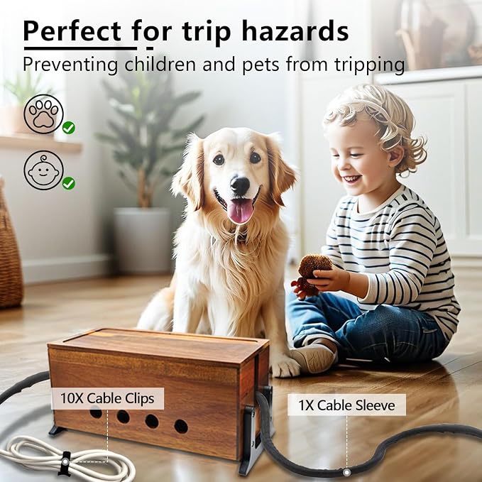 Large Wood Cable Management Box, Vintage Walnut Cord Organizer 14.1" | Hides power strips & TV wires, 14.1 x 6 x 6.3 inches,Ideal for home & office organization