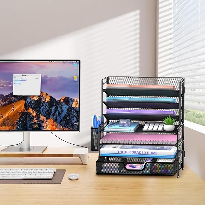 7-Tier Desk Organizer with Drawer and Pen Holder, Metal Letter Tray, Black | Metal Mesh File Organizer with Drawer for Paper, Notes and Office Supplies at Home, School or In the Classroom