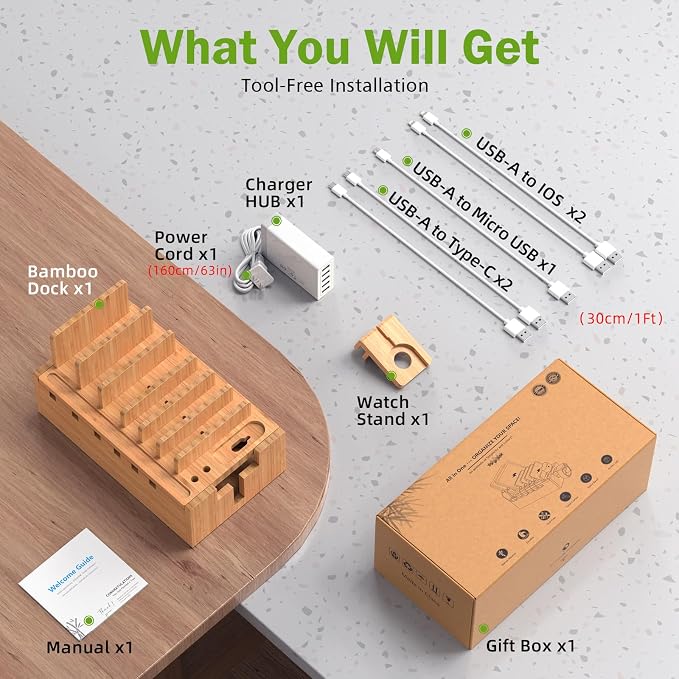 Pezin & Hulin Bamboo Charging Station with 5-Port USB & 5 Cables | All-in-One, 5-Port USB HUB Included, 8-Device Organizer, Natural Bamboo, Hidden Cord Compartment, Magnetic Base, Watch Stand