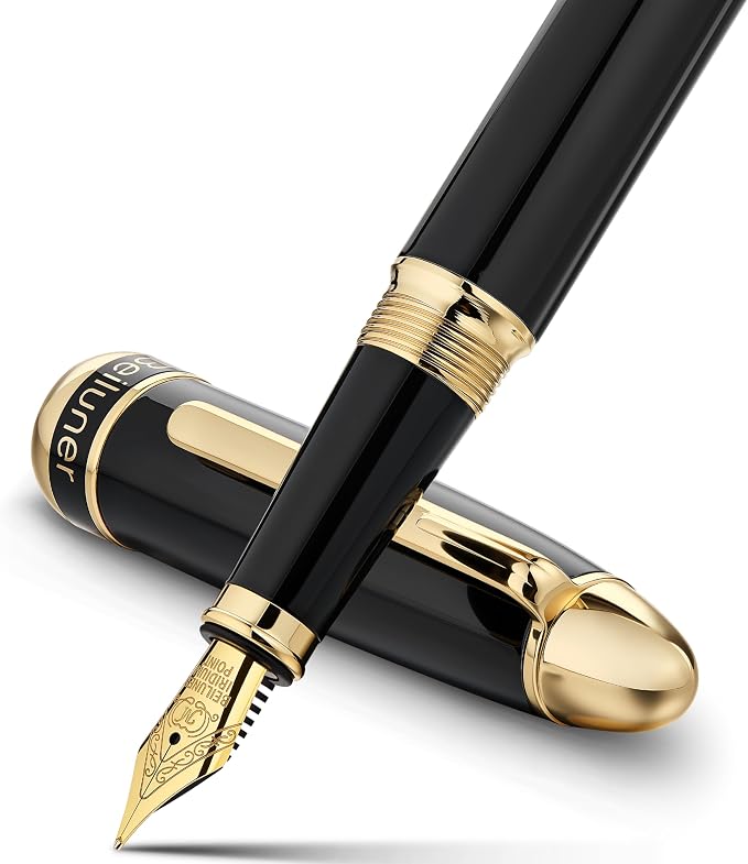 BEILUNER 315 Black Fountain Pen,Stunning Luxury Pens with 24K Gold Accents, Gorgeous 24K Gilded Nib(Medium), Ink Converter,Fancy Pen Gift for Men&Women-Elegant, Office, Reliable, Nice Design