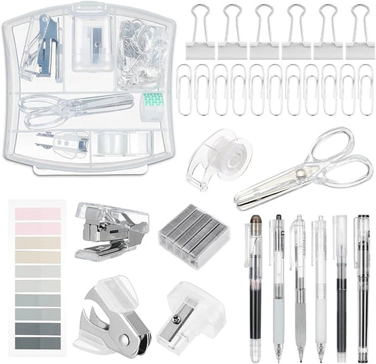 Colarr Mini Office Supply Kit Include Stapler Tape Dispenser Staple Remover Paper Clip Scissor Staple Pen Sharpener Note Small Telescopic Knife for Office Back to School Supplies Student Clerk(Clear)