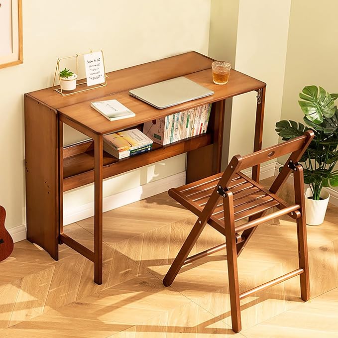 Bamboo Folding Desk, Laptop Desk Writing Desk with Storage Shelf Vanity Table Small Computer Table Space Saving Workstation for Home Office