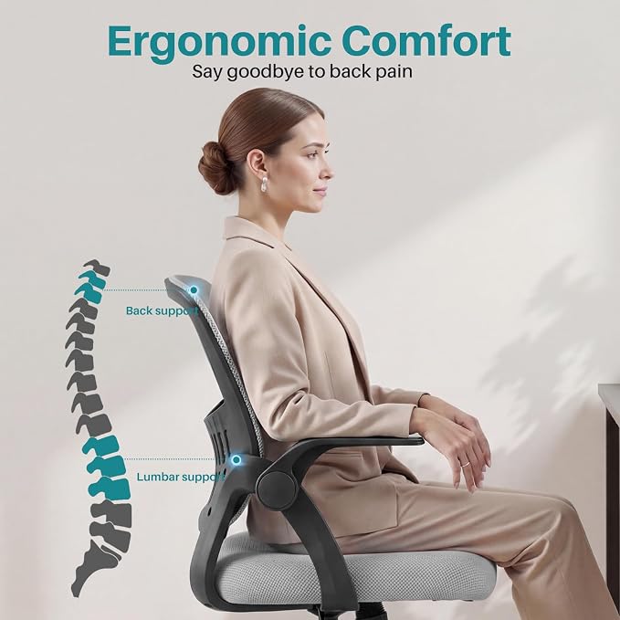 OLIXIS Ergonomic Office Desk Chair, Executive Mid-Back Computer Chair with Comfortable Lumbar Support & Rocking Mode, Height Adjustable with Flip-up Armrest, 360° Swivel, for Adults, Grey