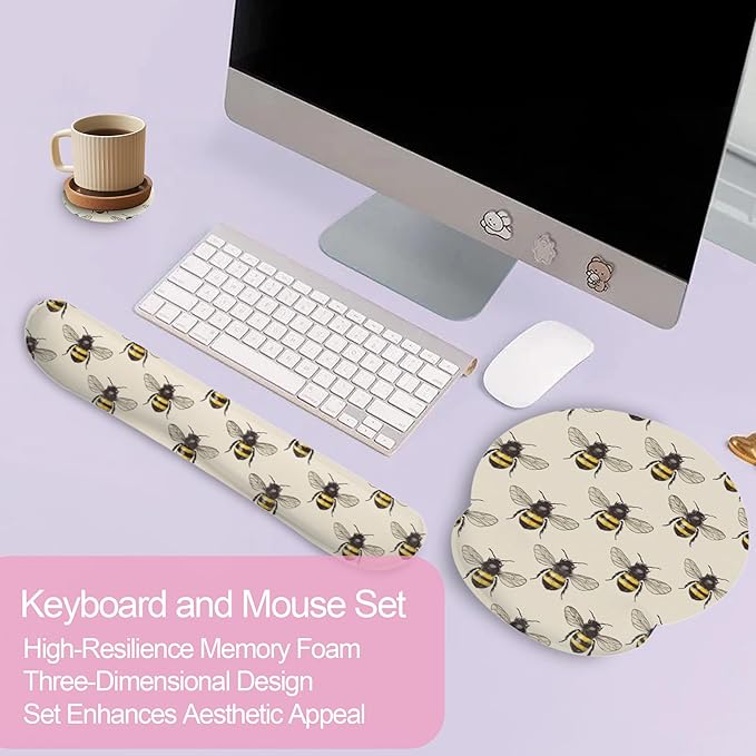 Retro Bee Ergonomic Wrist Support Keyboard Mouse Wrist Rest Set, Computer Office Comfortable Wrist Rest for Mouse Easy Typing