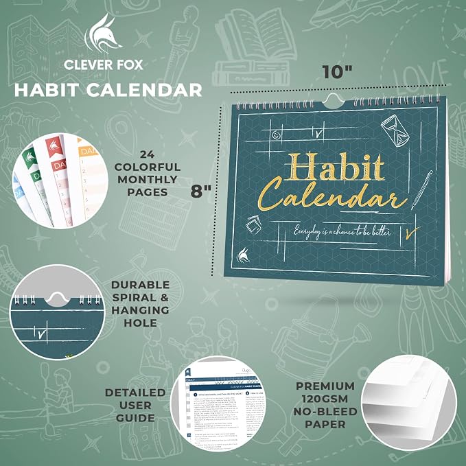 Clever Fox Habit Tracker Calendar – Inspirational Goal Tracker and Habit Calendar for Atomic Habits – Colorful Habit & Goal Planner Journal to Boost Productivity – 24 Months, 10″ x 8″ (Obsidian Green)