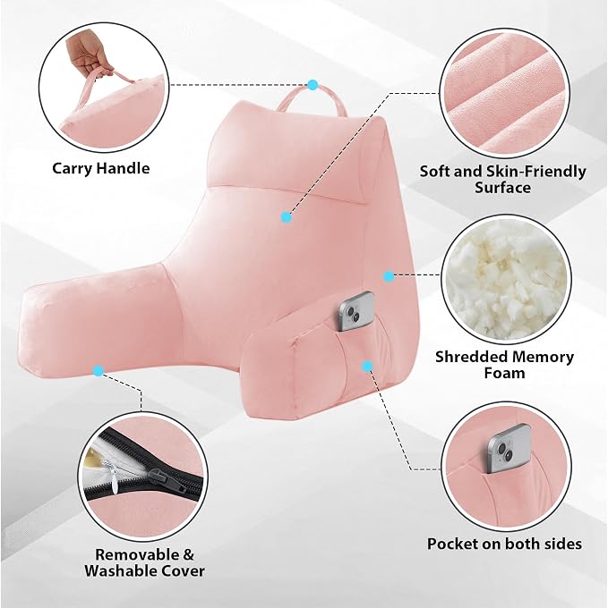IPYNBAP Back Pillow for Bed Sitting up, Reading Pillow for Sitting in Bed Adult, Back Support Pillow, Memory Foam Sit up Lounge Backrest Pillow with Arms for TV, Couch, Chair, Dorm, 20 Inch, Pink