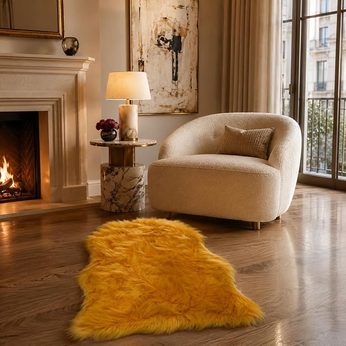 EasyJoy Faux Sheepskin Rug, Fluffy Faux Fur Rug, Ultra Soft Shag Area Rug with Non-Slip Backing for Bedroom, Living Room, Nursery, Kids Room(2 x 3 ft Sheepskin, Golden Yellow)