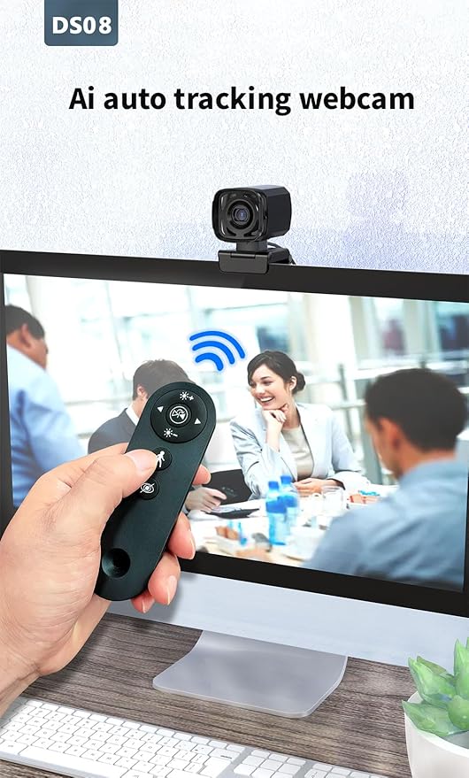 Webcam for PC, AI Auto Tracking, Remote Control, in-line Dual Noise Canceling Microphones, Full HD 1080P Video Calls, 73° Angle View, Privacy Shutter, USB Plug and Play, Low Light Correction