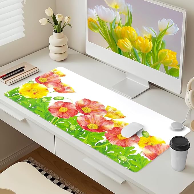 Bloss Desk Mat Field Poppy, Leather Desk Pad, Desk Matt for Desktop, Waterproof Desk Pad Mat, Computer Mat for Office/Home/Decor/Desk Protector(31.5 x 15.7 Inches)