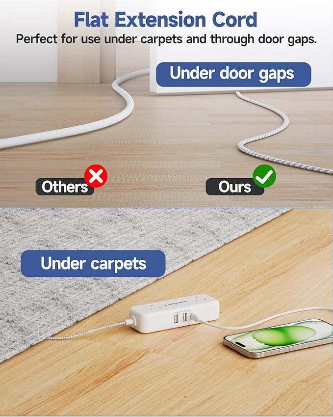Flat Extension Cord 25 FT with 4 AC Outlets 3 USB Ports (5V/3.4A 17W), 25Ft Long Braided Cord for Home Office Dorm