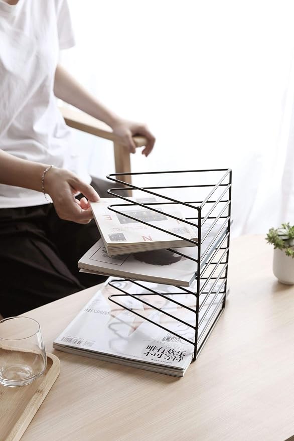 Sooyee 9 Slot White Magazine Holder, Desktop File Sorter Organizer Triangle Bookshelf Decor for Home Office, Iron Wire, 10.2" L x 7" W x 6.9" H