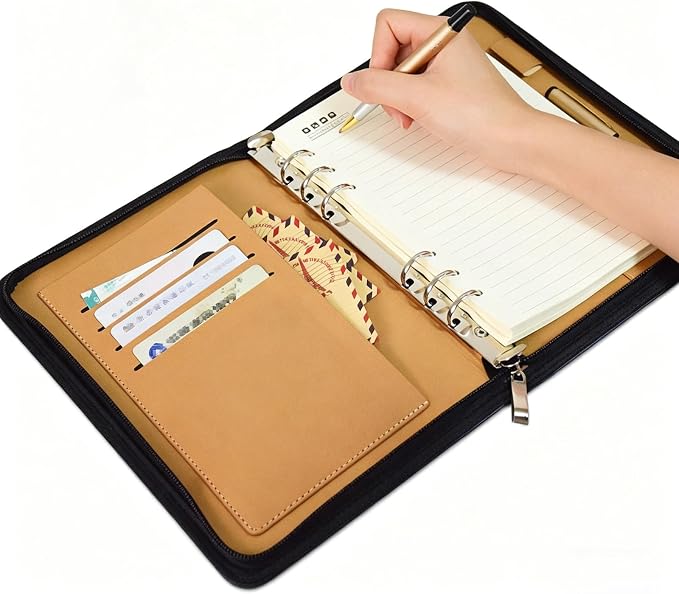 Marte Vanci A5 Padfolio PU Leather Business Portfolio Zippered Conference Folder Organizer 6 Ring Lined Notebook Binder Loose Leaf Refillable Travel Journal Gift for Men (Black)