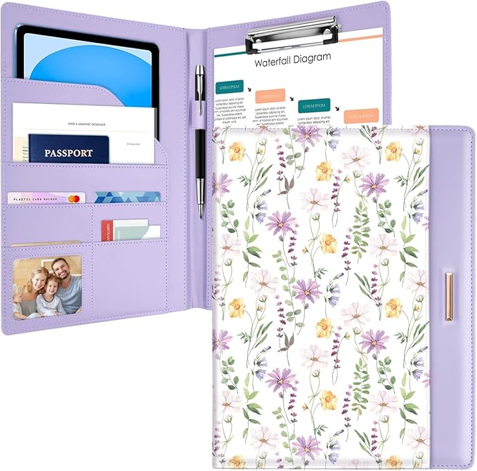 Padfolio/Resume Portfolio Folder for Women Men, WAVEYU Cute Chic Padfolio Cover Folder, Conference/Legal Document Organizer with Letter/A4 Size Clipboard, Document Sleeve, Purple Flower