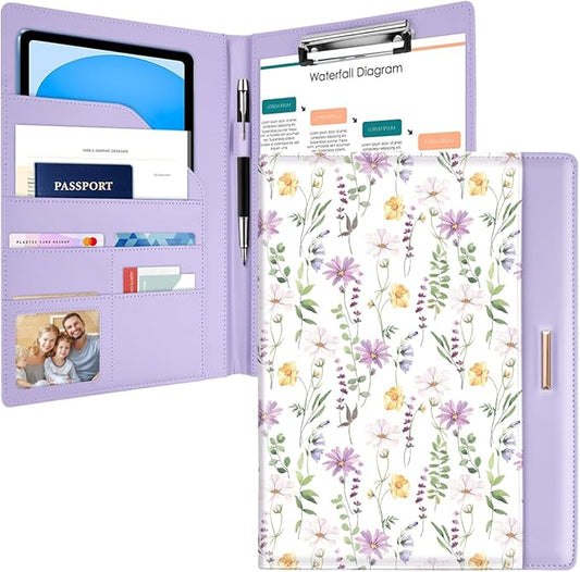 Padfolio/Resume Portfolio Folder for Women Men, WAVEYU Cute Chic Padfolio Cover Folder, Conference/Legal Document Organizer with Letter/A4 Size Clipboard, Document Sleeve, Purple Flower