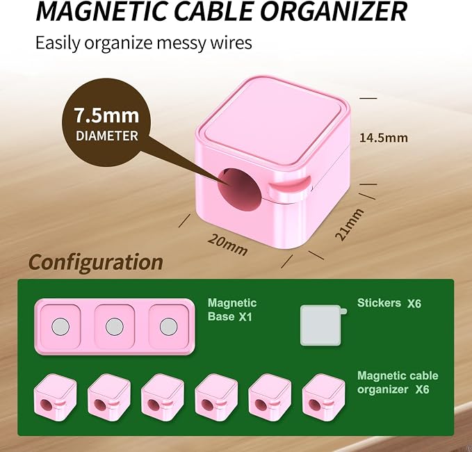 Magnetic Cable Organizer for Desk – Upgraded Wire Clips with Adhesive Base – Desktop Cord Holder for USB, Charging Cables – 6 Clips + 1 Magnetic Base (Pink)