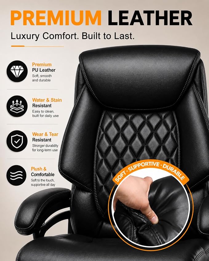 Big and Tall Executive Office Chair with Adjustable Lumbar Support, Extra Wide Seat, Heavy Duty Computer Desk Chair for Long Working Hours, Gaming & Home Office, Quiet Rolling Wheels
