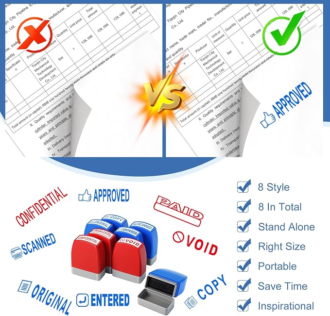 8 Pcs Office Stamps for Business, Paid Void Copy Scanned Confidential Approved Original Entered Self Inking Red Blue Rubber Stamps with Storage Tray, Account Finance Staff Supplies
