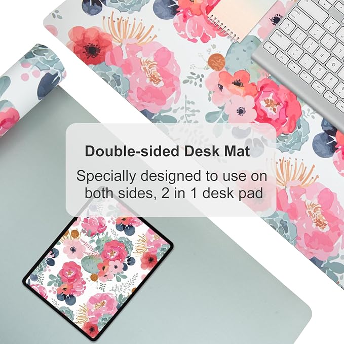 QIYI Large Mouse Pad, Pink Floral Desk Mat for Desktop, Women Girls PU Leather Waterproof Gaming Mousepad, Computer Laptop Desk Accessories Protector Writing Pads for School Office Home 31.5" x 15.7"