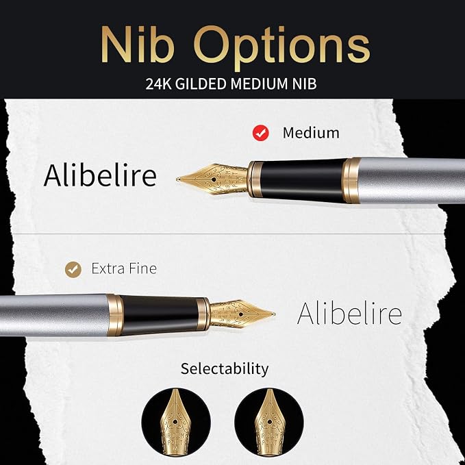 Silver Luxury Fountain Pen Set for Men and Women with Gift Box, 24K Gold Finish and Gilded Nib(Medium) with 5 Black Ink Cartridges and Converter