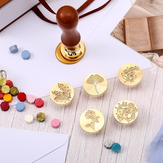 Chrisfall 6 Pcs Wflower Wax Seal Stamp Set with Removable Wooden Handle Floral Stamps Botanical Sealing Stamper Kit for Wedding Party Invitation, Gift Packaging, Envelope, Cards(Fresh Style)