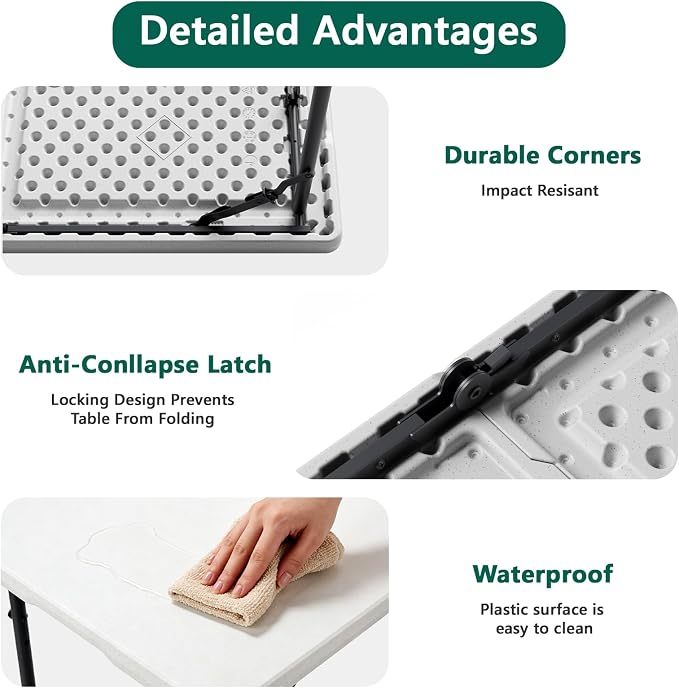 4ft Folding Table with Adjustable Height, Heavy Duty Fold-in-Half Plastic Table with Steel Legs and Handle, Portable for Indoor, Outdoor, Picnic, Camping, Dining, Party, White
