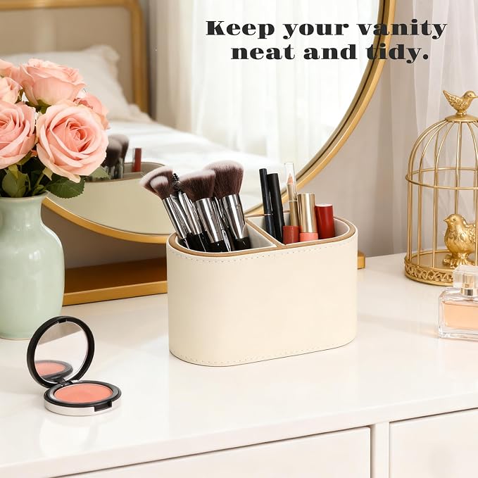 PU Leather Pen Holder, Desk Organizer Caddy with 2 Compartments | Multifunctional Remote Control Holder, Eyeglass Holder, Stationery Case for Office Supplier, Home