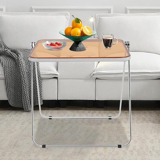 Acrylic Folding Table, 25 * 20 * 27in Compact Writing Desk with Sturdy Metal Frame, Side Table for Small Spaces, Home Office, Small Computer, Snack Dinner on Couch (Clear Tea)