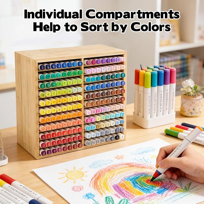 11-Tier Bamboo Marker Organizer with 22 Compartments - Holds 176 Art Markers, No Assembly Horizontal Storage Marker Rack, Bamboo Pen Holder for Desk, Classroom & Office Stationery