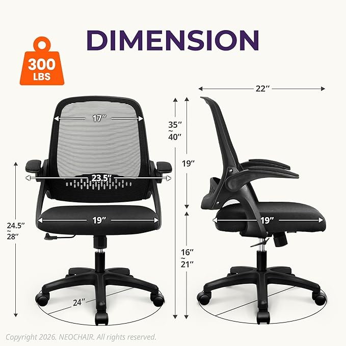 NEO CHAIR Office Desk Gaming Ergonomic Computer Chair with Lumbar Back Support Adjustable Height Swivel Rolling Wheels Flip-up Arms Mesh Chair for Home Vanity (Black)