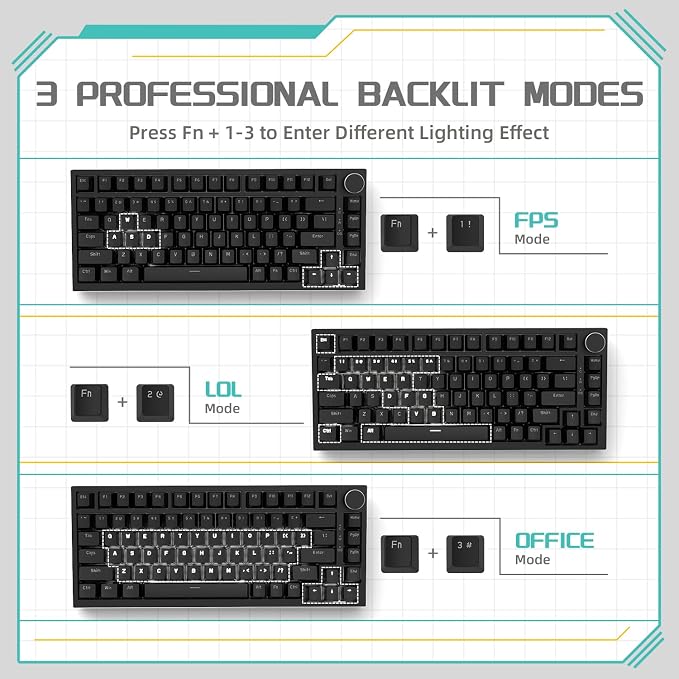 Attack Shark ajazz AK820 Mechanical Gaming Keyboard with Knob 75% Keyboard Hot Swappable Type-C Wired Gasket 5-Layer Noise Absorbing Foam White LED Backlit NKRO Linear Red Switch for PC/Win/Mac-Black