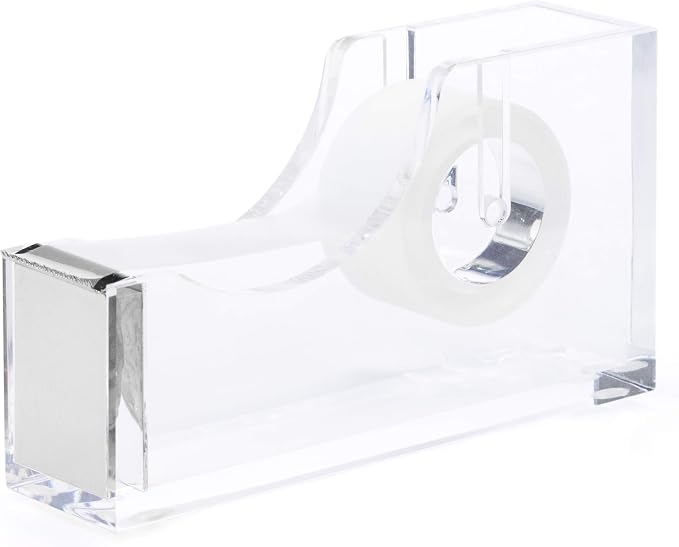 Silver Acrylic Lucite Bundle | Premium Stapler, Tape Dispenser, Scissors, Staple Remover, & Ruler Gift Set | Clear Stationery & Desk Accessories | Modern, High End, Chic, Luxury Office Goods