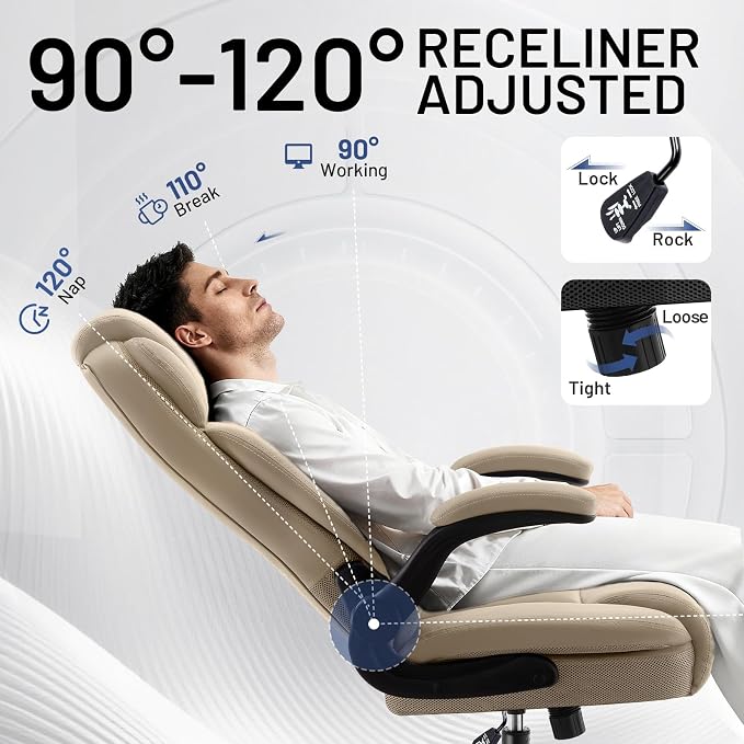 AreShark Ergonomic Office Chair with High Back Headrest,PU Leather Executive Desk Chair Padded Flip-Up Armrests,Lumbar Support,Swivel Computer Chair for Home Office & Gaming, Khaki