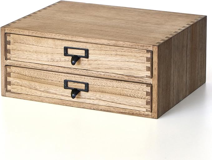 KIRIGEN Solid Wood Desk Organizer with 2 Drawers, Desktop Storage, Brown | 2-Drawer Cabinet for Printer Paper, Mail, Notebooks, and Office Supplies, 13.78 x 10.6 x 5.9 In, Fully Assembled