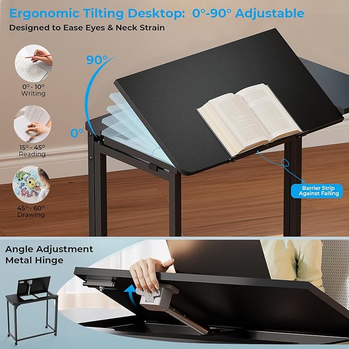 GreenForest Folding Desk with Tiltable Desktop 0°-90°, 31.5 inch Drafting Table with Rolling Wheels, Foldable Craft Table for Drawing, Reading, Laptop, Work, Black