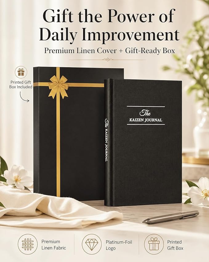The Kaizen Journal for Self Improvement – Undated Daily Planner & Habit Tracker for Men & Women, Productivity, Focus & Mental Health – 24-Week Goal Planner with Gift-Ready Box (Black)