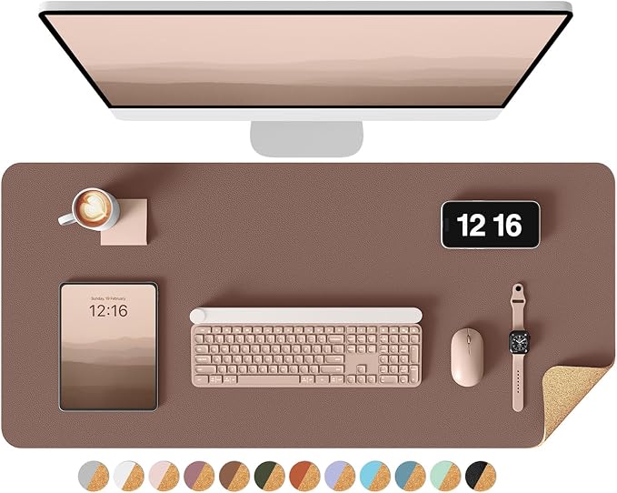YSAGi Double-Sided Desk Pad, 35.4"x17"Leather Desk Mat, Eco Cork Desk Pad Protector,Large Mouse Pad,Waterproof Desk Blotter for Office/Home(Chocolate)