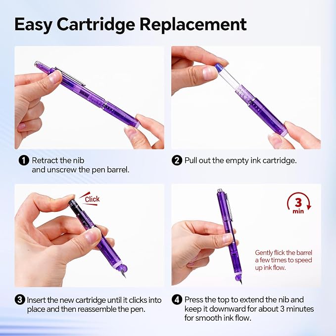 WRITECH Clictek Fountain Pen Retractable: Medium Nib Black Ink Includes 10 Refillable Cartridges No Leaking Smooth Writing Perfect for Office Journaling Beginners Gift
