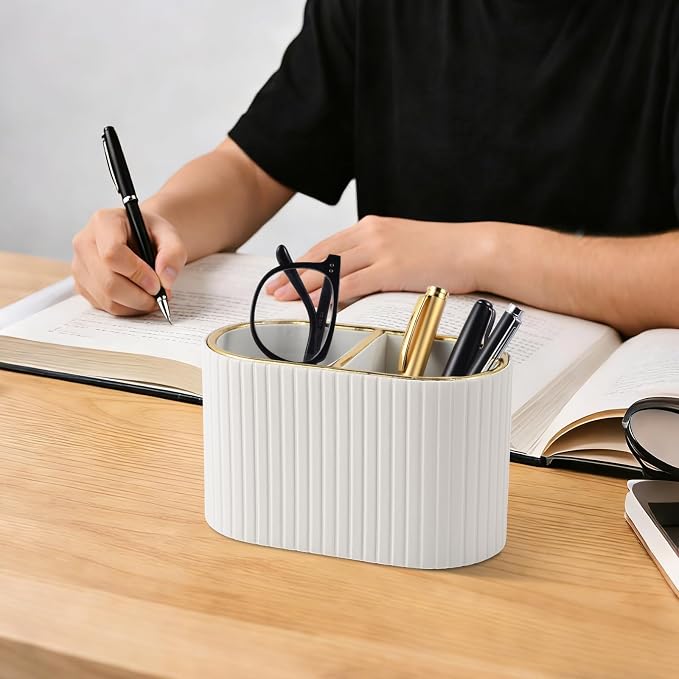 PU Leather Desk Organizer,Pen Holder,Small Remote Control Holder Pencil Cup Multifunctional Nightstand Organizer Caddy for Home School Office Desk Accessories,2 Compartments (Cream White)