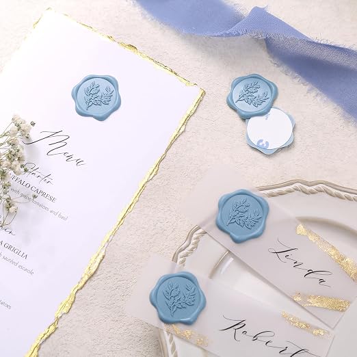 UNIQOOO Wax Seal Stickers - Eucalyptus Wedding Invitation Envelope Seal Stickers, 50 Pcs Self- Adhesive Dusty Blue Stickers, Perfect for Invitation, Christmas, Gift Wrapping