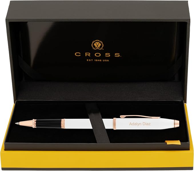 Cross Century II Rollerball Pen, Pearlescent White with Rose Gold Trim, Personalized Laser Engraving, Black Ink, Cross Gift Box, Mothers Day and Graduation Gift for Women