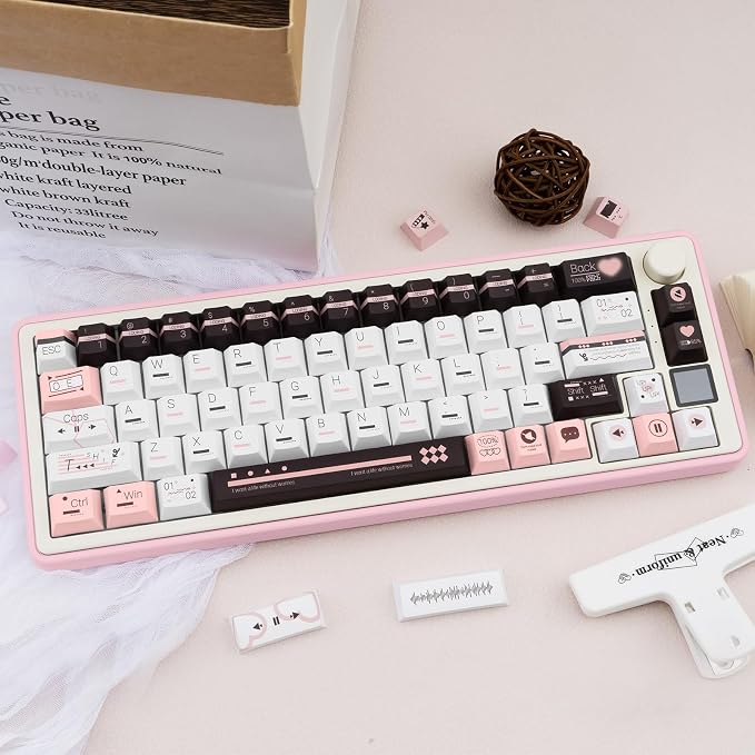 PBT Keycaps, Cute Keycaps 60 65 75 100 Percent, Dye Sublimation Custom Key caps, Pink White Brown 145 Keys Set, Cherry Profile Aesthetic Keycap Set for Cherry Gateron MX Switche Keyboard