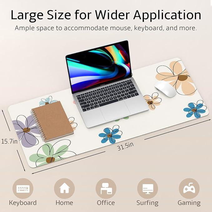 Mouse Pad Leather Desk Mat Large Keyboard Cute Office Desktop Computer Laptop XXL Long Big Aesthetic Modern Design Women Girls Gaming Gamer Oversized Wide Mousepad 31.5"x15.7", Line Flower