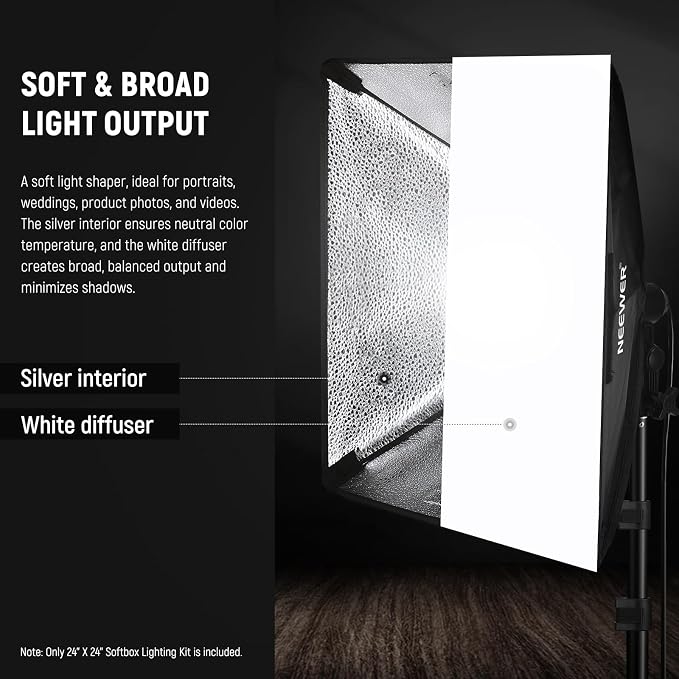 NEEWER 350W Equivalent Softbox Lighting Kit, 5700K LED Light Bulb, 24x24 inches Softbox with E26 Socket, Photography Continuous Lighting Kit, Photo Studio Equipment, NK300