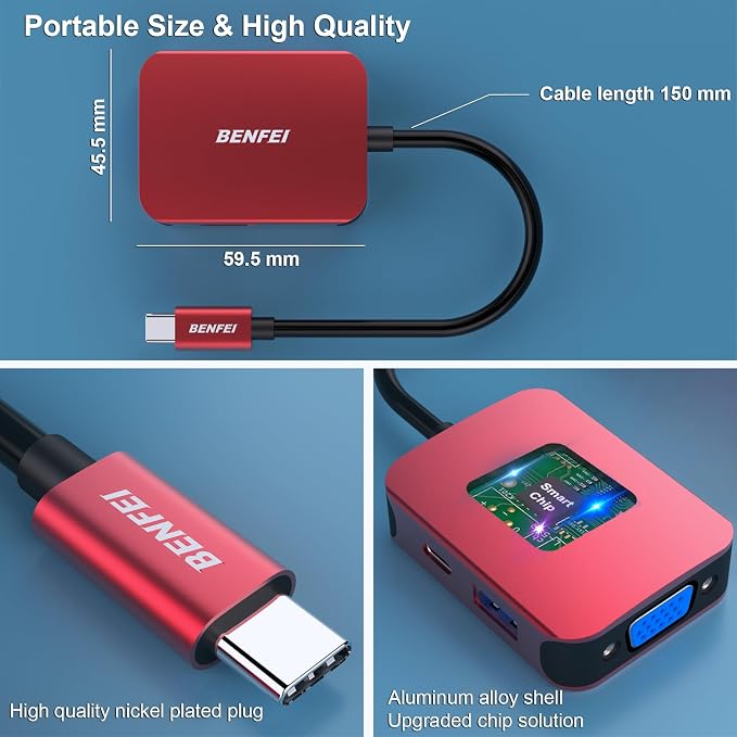 BENFEI USB C HUB 4-in-1, USB Type-C to HDMI VGA Adapter, USB C to USB Adapter, USB Type-C Power Delivery, Compatible with iPhone 15 Pro/Max, MacBook Pro/Air 2023, iPad Pro, iMac, S23, XPS 17