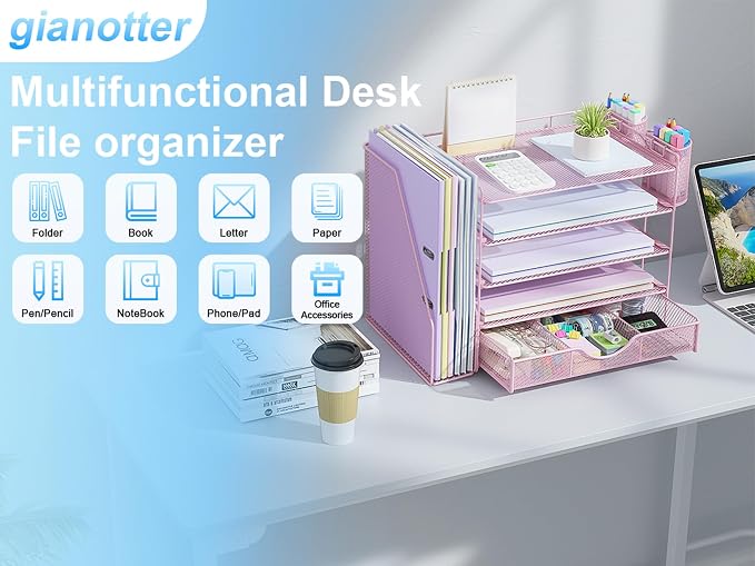 gianotter 5-Tier Desk Organizer with Drawers and File Holders | Letter Trays and Pen Holders - Workspace Accessories for Office Supplies (Pink)