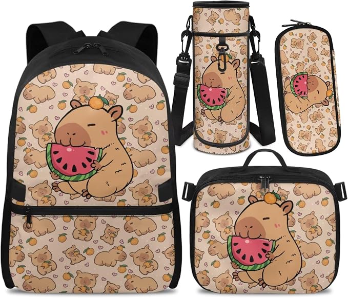 Doojoayie Capybara Backpack Lunchbox Set for Girls Watermelon School Bags for Girls 7-10 Large Capacity Backpack with Padded Wide Shoulder Straps for Elementary School