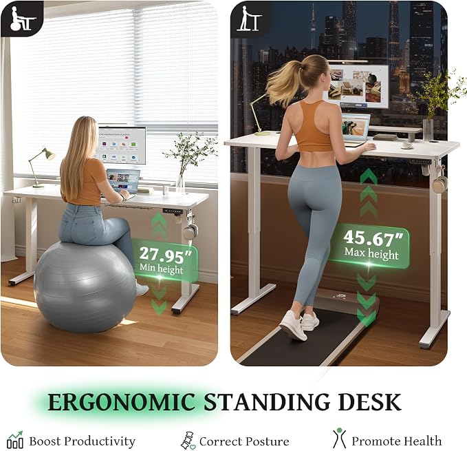White 47x24 in Electric Standing Desk, 0.8 Inch Thick Tabletop | Holds 200lbs, Sit Stand, 3 Memory Height Adjustment, Extra Deep Table Top, White Frame