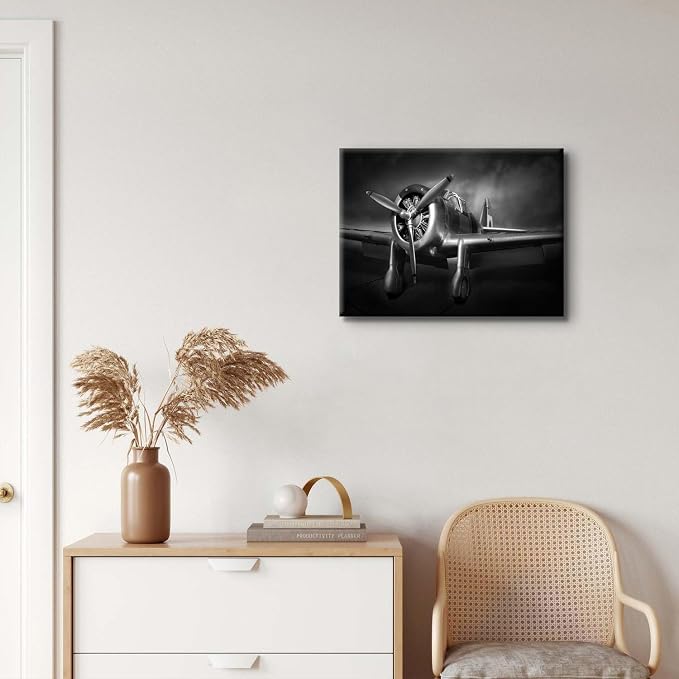 Airplane Propeller Wall Art Men Office Wall Decor Vintage Aircraft Picture Black and White Canvas Prints Artwork Fighter Poster Modern Aviation Military Painting for Home Bedroom Decoration 12x16"