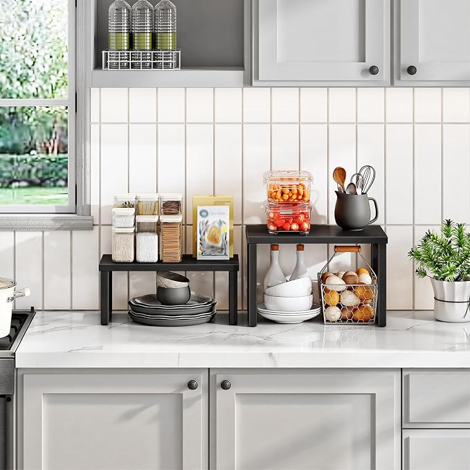 HOOBRO Cabinet Organizer Shelf, Set of 4 Kitchen Counter Shelves, Expandable Kitchen Storage, Stackable Spice Rack, for Kitchen, Countertop, Office Desk, Living Room, Black BK20TLP201