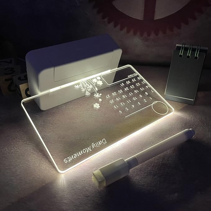 Clear Acrylic Desk Calendar LED Night Light with Stand Erasable Marker for Office Desk Memo Board To-do-list Board